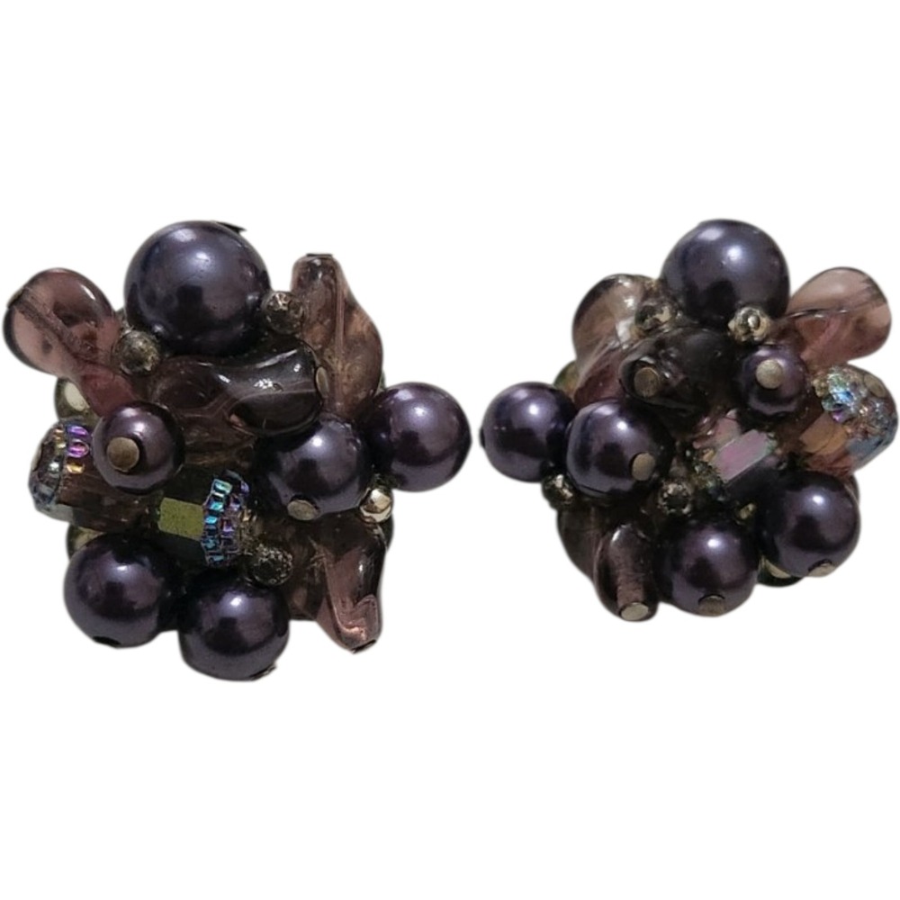 Vintage Trifari Purple Faux Pearl and Glass Bead Cluster Clip-On Earrings